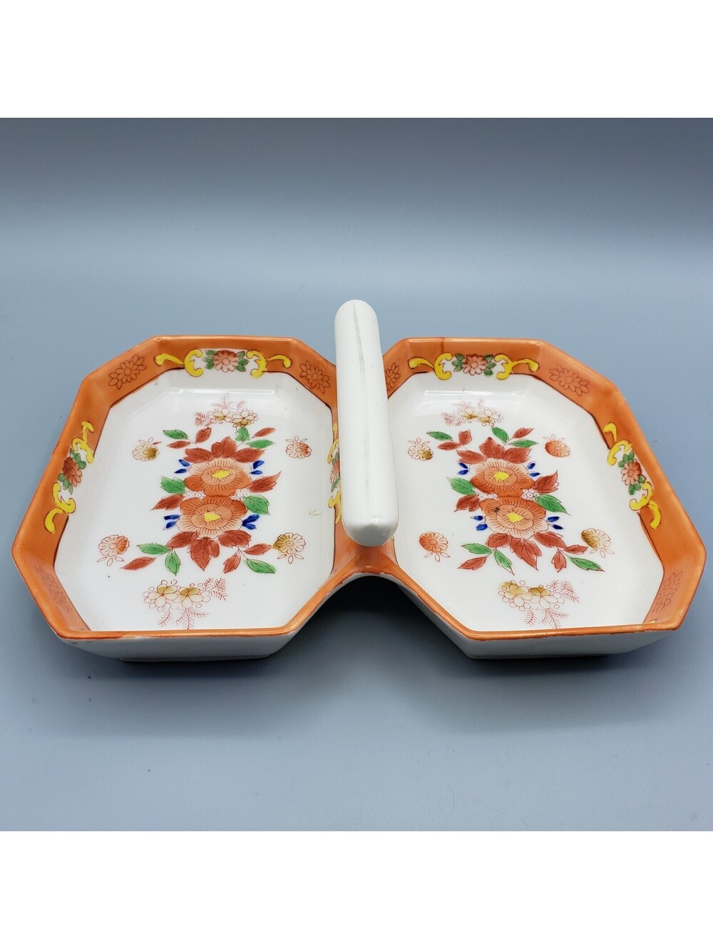 Vintage Japan Bone China Divided Nut Dish Center Handle Floral Orange Candy